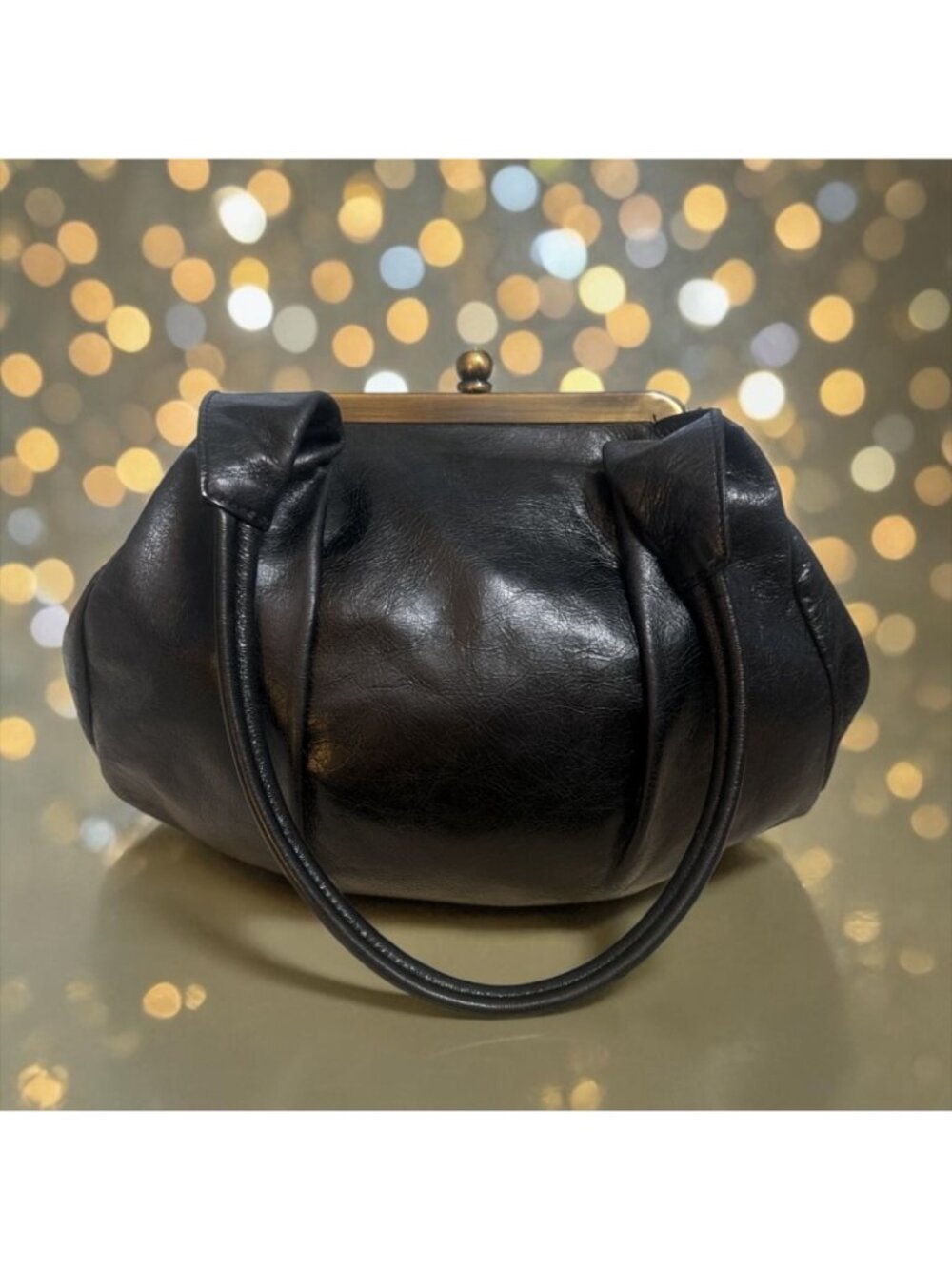 VTG HOBO Blanche Bag Black Glazed Nappa Leather Fortune Cookie Frame Satchel Y2K - Picture 3 of 10